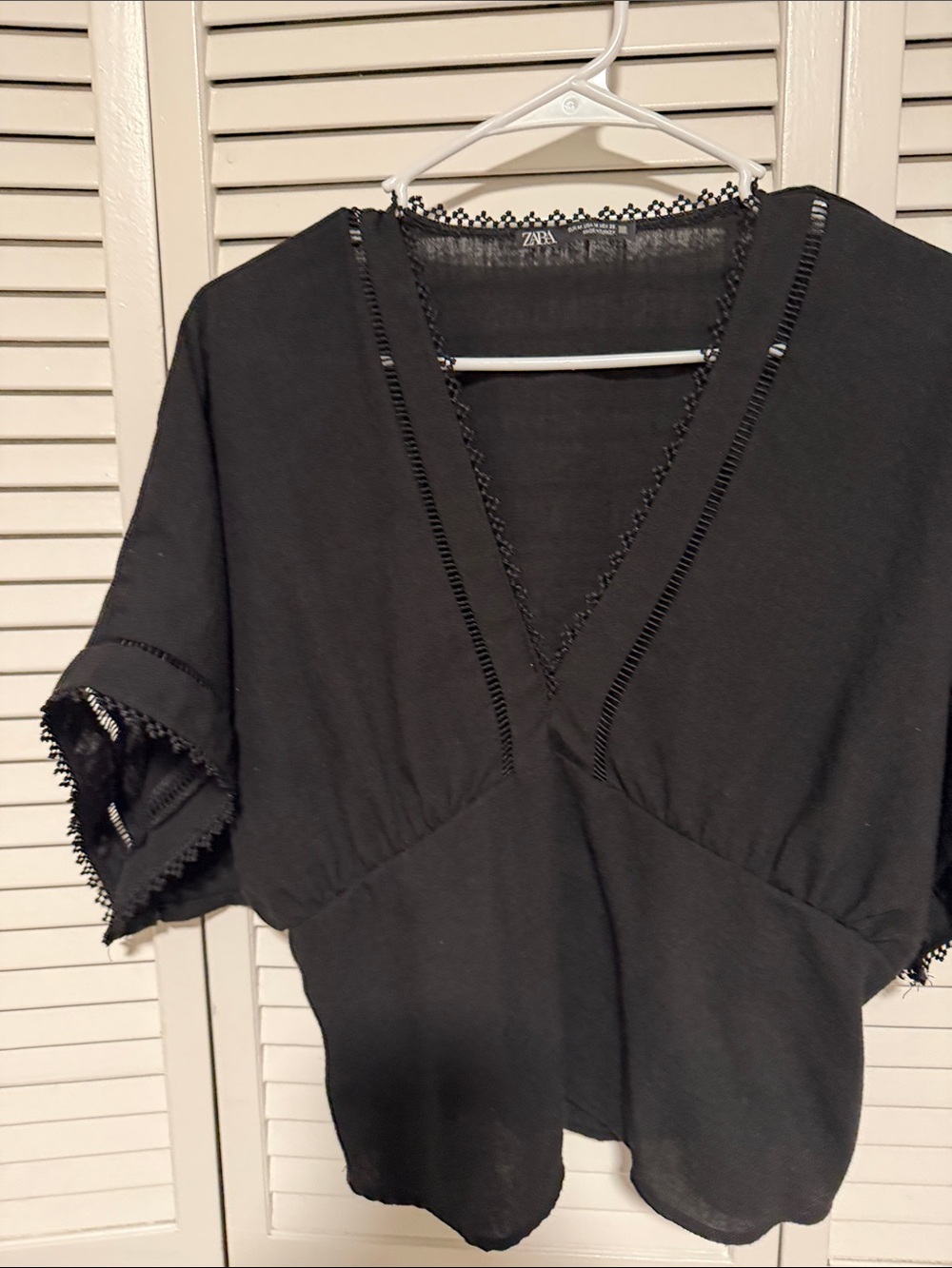 Zara Black V-Neck Crochet-Trim Blouse
